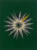 Sterburst-mandala in de stijl Modern Bauhaus, in grafiet, zilvergrijs en bleek been, met een mosterdgeel accent