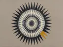 Sterburst-mandala in de stijl Modern Bauhaus, in grafiet, zilvergrijs en bleek been, met een mosterdgeel accent