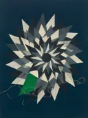 Sterburst-mandala in de stijl Modern Bauhaus, in houtskool, leigrijs en gebroken wit, met een fel smaragdgroen accent