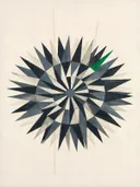 Sterburst-mandala in de stijl Modern Bauhaus, in houtskool, leigrijs en gebroken wit, met een fel smaragdgroen accent