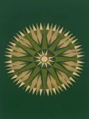 Sterburst-mandala in de stijl Modern Bauhaus, in olijfgroen, kaki en bleek zand, met een gebrande sienna als accent