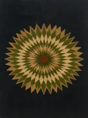 Sterburst-mandala in de stijl Modern Bauhaus, in olijfgroen, kaki en bleek zand, met een gebrande sienna als accent