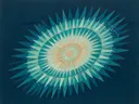 Sterburst-mandala in de stijl Modern Bauhaus, in diep zeeblauw, turkoois en bleek aqua, met warm zand
