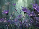 Schilderij van paarse lichtgevende trompetbloemen in een mistig bos