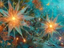 Schilderij van gloeiende stervormige bloemen tussen koraalachtige planten