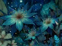 Schilderij van blauwe sterbloemen onder een sterrenhemel