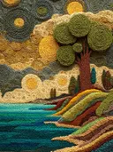 Getextureerd kunstwerk met een swirlende sterrenhemel, een gouden boom en een kleurrijke heuveloever bij het water