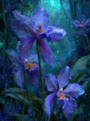 Schilderij van blauwpaarse irissen met sterrenstof in een nachtelijk woud