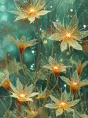 Schilderij van een veld met gloeiende sterbloemen bij nacht