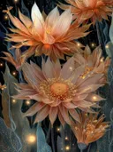 Schilderij van een stervormige oranje bloem met nachtvlinders