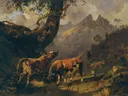 Stier die een koe achtervolgt met in de achtergrond het landschap in omgeving van Carrara van Johann Nepomuk Rauch: dieren met stier, koe, bergen en weide, in warm bruin en blauw