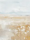 Schilderij van een veld met madeliefjes in zachte kleuren.