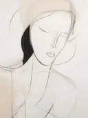 Minimalistisch lijntekening-portret van een vrouwelijk profiel op crèmekleurige achtergrond.