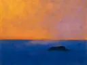 Schilderij van stil water bij zonsondergang in oranje en kobalt, in vlakke kleurvlakken