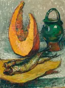 Still Life: Melon, Fish Jar van Vincent van Gogh: stilleven met vissen, kruik, meloen en tafel, in oranje met groen