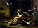 Still Life of Game including a Hare, Black Grouse and Partridge, a Spaniel looking on with a Pigeon in Flight van Jan Weenix: stilleven met haas, vogels, jachtbuit en hond, in donker bruin met wit