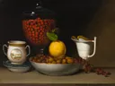 Still Life Strawberries, Nuts, &c van Raphael: stilleven met aardbeien, citroen, kom en kan, in donker bruin met rood