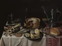 Still Life van Pieter Claesz: stilleven met borden, brood, kan en tafelkleed, in donker bruin met wit