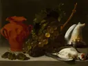 Still Life with a dead Bird van Juan Bautista de Espinosa: stilleven met druiven, kruik, schelpen en vogel, in donkerbruin met groen en rood