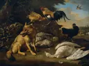 Still Life with Animals van Melchior d'Hondecoeter: dieren met vos, haan, zwaan en hanengevecht, in warm bruin en blauw