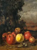 Still Life with Apples van Gustave Courbet: stilleven met appels, fruit, boom en grond, in rood, geel en donkergroen