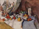 Still Life with Apples van Paul Cezanne: stilleven met appels, fruitschaal, tafelkleed en kan, in rood, groen en wit