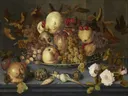 Still-life with Dish of Fruit van Balthasar van der Ast: stilleven met fruit, druiven, appels en schelpen, in donker met geel en rood