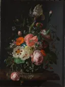 Still Life with Flowers on a Marble Tabletop van Rachel Ruysch: bloemen met boeket, rozen, tulpen en marmer, in roze en wit op donker