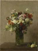 Still Life with Flowers van Henri Fantin-Latour: bloemen met boeket, glazen vaas, tuinbloemen en tafel, in gedempt beige met kleuraccenten