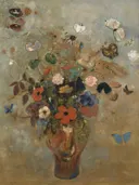 Still Life with Flowers van Odilon Redon: bloemen met boeket, vaas, vlinders en bloemen, in gedempt okergrijs met kleuraccenten