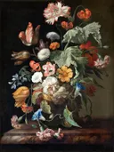 Still-Life with Flowers van Rachel Ruysch: bloemen met boeket, rozen, tulpen en insecten, in rood en wit op zwart
