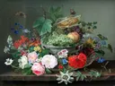 Still life with fruit basket van Gottfried Wilhelm Voelcker: stilleven met bloemen, fruit, rozen en vlinder, in warm bruin met rood en wit