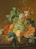 Still Life with Fruit van Jan van Huysum: stilleven met druiven, perziken, fruit en bladeren, in warm goudbruin