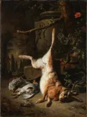 Still Life with Hare and other Hunting Trophies van Jan Weenix: stilleven met haas, vogels, jachtbuit en tuinvaas, in donker bruin met okergeel