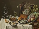 Still Life with Turkey Pie van Pieter Claesz: stilleven met pastei, druiven, brood en kan, in gedempt bruin met wit