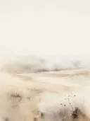 Waterverf landschap van rietgras aan de rand van een moeras in zachte zandkleuren.