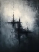 Mistig landschap met donkere silhouetten en waterreflectie