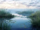Schilderij van een stille vijver met waterlelies in de schemering
