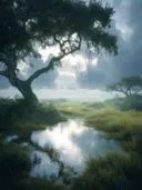 Schilderij van een boom over spiegelend water in een moerasland