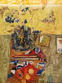 Stilleben mit Blumen anagoria van Egon Schiele: stilleven met bloemen, tafel, kleed en planten, in geel met rood en blauw