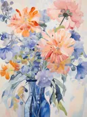 Stilleven met een blauwe glazen vaas gevuld met gerbera's, irissen en roze bloemen.