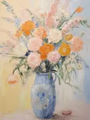 Schilderij van een blauwe kruik met een boeket oranje, roze en witte rozen.