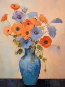 Stilleven met een blauwe vaas gevuld met oranje en blauwe anemonen.