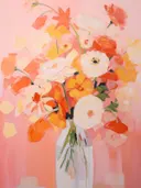 Stilleven met een boeket oranje, gele en witte bloemen tegen roze achtergrond.