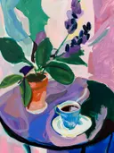 Stilleven schilderij met koffiekopje en bloempot