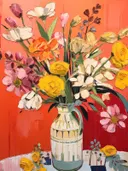 Stilleven met een kruik vol kleurrijke bloemen tegen een oranjerode achtergrond.