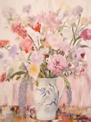 Stilleven met een kruik gevuld met roze, rode en paarse bloemen.