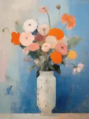 Stilleven met een kruik gevuld met oranje, roze en witte klaprozen.