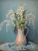 Stilleven lelietjes-van-dalen in roze kruik, stilleven schilderij