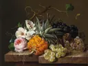 Stilleven met ananassen, druiven, noten en insecten van Franz Xaver Petter: stilleven